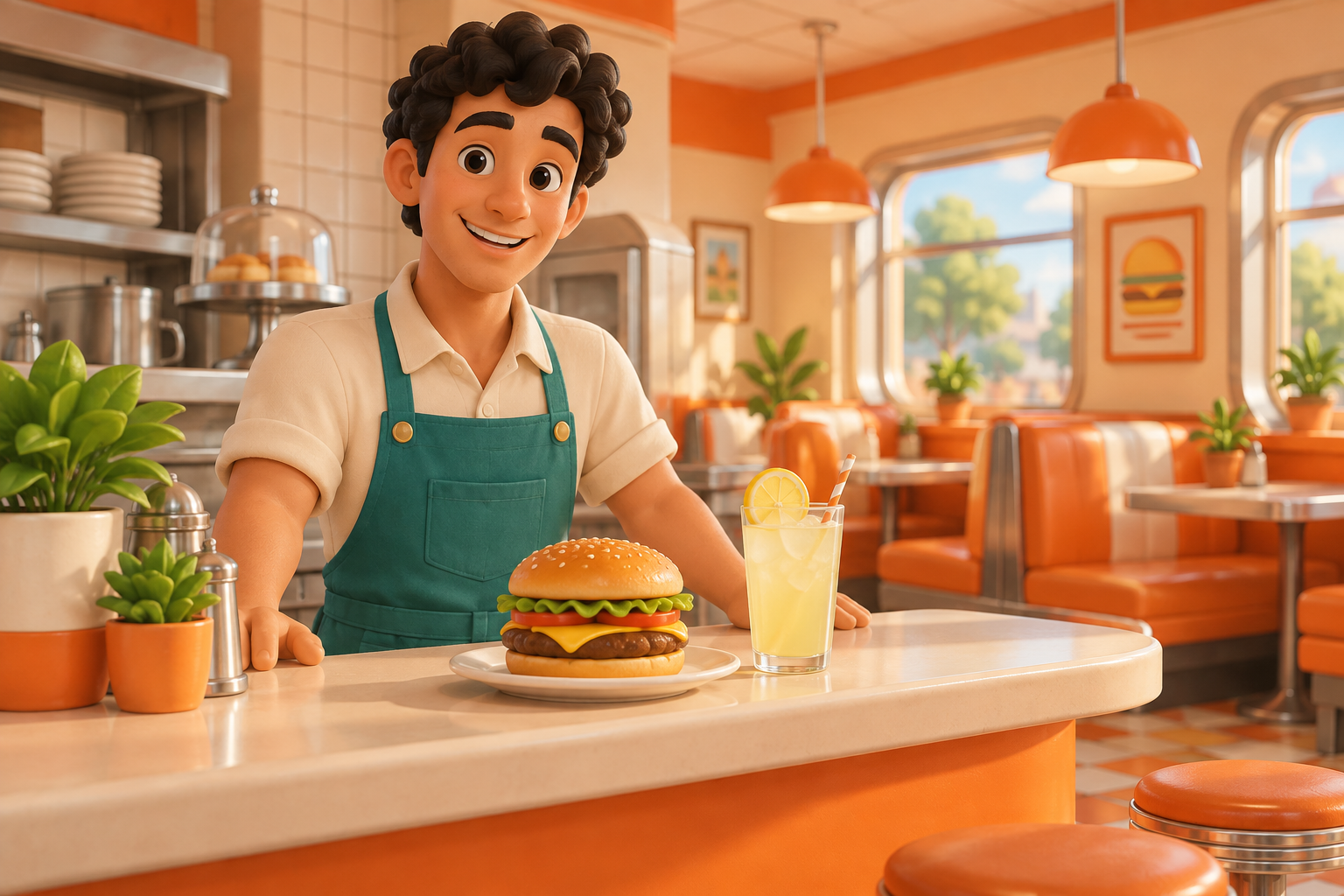 A waiter welcomes you to a Next Step Town restaurant